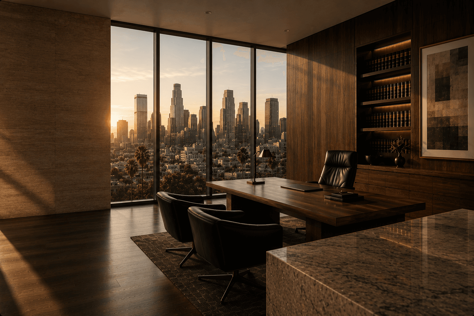 Luxury modern law office with warm architectural lighting